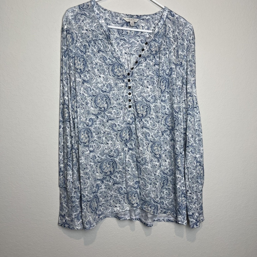Lucky Brand Blouse Womens XL Blue Paisley V Neck Long Sleeve Tunic Top Boho